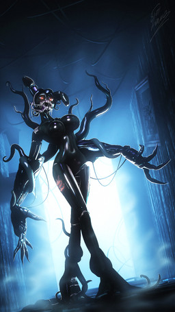 angry anthro big_breasts big_hands black_body bodily_fluids breasts claws crossgender drooling dutch_angle featureless_breasts female fingernails glistening glistening_body glowing glowing_eyes horror_(theme) huge_hands long_fingernails looking_at_viewer mtf_crossgender nails navel navel_line open_mouth red_eyes saliva saliva_string sharp_teeth solo teeth tentacles wire lamoz571 disembowell_(modeler) red-eye_(modeler) five_nights_at_freddy's scottgames bonnie_(fnaf) lagomorph leporid mammal monster rabbit 3d_(artwork) 9:16 digital_media_(artwork) full-length_portrait hi_res portrait source_filmmaker_(artwork)