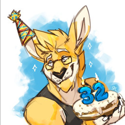 anthro black_clothing black_topwear blonde_hair blue_eyes cake candle chin_tuft closed_smile clothed clothing dessert facial_tuft food fur glistening glistening_eyes hair holding_cake holding_food holding_object male male_anthro mouth_closed short_hair smile solo sparkles topwear tuft white_body white_fur yellow_body yellow_fur solaxe_(artist) solaxe kangaroo macropod mammal marsupial 1:1 bust_portrait portrait