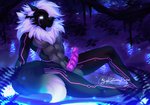 anthro balls bioluminescence black_body black_fur erection fur genitals glistening glistening_eyes glowing hair looking_at_viewer male mane mane_hair nude penis solo tail white_hair kiliankuro mythology tiberius_astlectro dragon mythological_creature mythological_scalie scalie