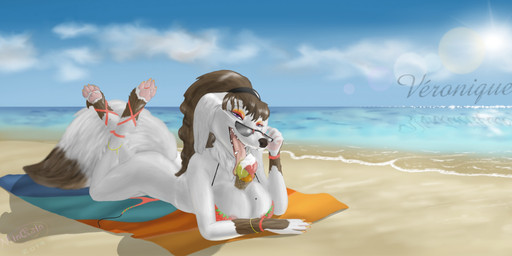 beach cloud dessert female food ice_cream lying on_front on_towel outside seaside sky solo sun towel mindrain veronica_(mindrain) canid canine canis domestic_dog hunting_dog mammal sighthound silken_windhound hi_res
