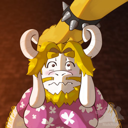ambiguous_gender anthro beard blush clothing duo facial_hair hair headpat male male/male shirt topwear nuknuks mario_bros nintendo undertale_(series) asgore_dreemurr bowser bovid caprine goat mammal reptile scalie turtle 1:1 hi_res