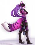 anthro armor biped black_body black_fur boots breasts clothed clothing female footwear fur gloves gun hair handwear high_heeled_boots high_heels long_hair purple_body purple_eyes purple_fur purple_hair ranged_weapon rifle shoes side_boob side_view simple_background smile solo stripes text tight_clothing weapon white_background white_body white_fur cottoncandytail blizzard_entertainment overwatch selene_leni widowmaker_(overwatch) canid canine mammal 2016 english_text hi_res signature