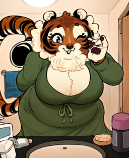 anthro bathroom bathroom_sink big_breasts black_ears black_stripes blue_towel breasts brown_eyebrows brown_pawpads brush chest_tuft circle_eyebrows clothed clothed_anthro clothed_female clothing curled_tail door door_hinge dress eyebrows facial_markings female green_clothing green_dress green_topwear hairbrush head_markings inner_ear_fluff long_tail looking_at_mirror looking_at_object looking_at_viewer markings mirror neck_tuft one_eye_closed open_mouth open_smile orange_eyes overweight overweight_anthro overweight_female pawpads sink small_ears smile solo standing striped_face striped_markings striped_tail stripes tail tail_markings topwear towel towel_rack tube tuft wall_(structure) white_breasts white_hands white_inner_ear white_inner_ear_fluff highlandkall naomi_(highlandkall) felid mammal pantherine tiger 2024 colored digital_drawing_(artwork) digital_media_(artwork) hi_res