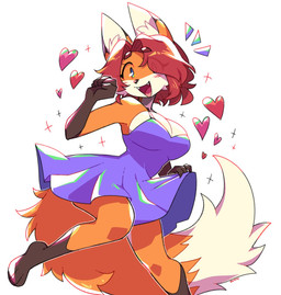 anthro big_breasts blue_clothing blue_eyes breasts clothing countershade_breasts countershading dipstick_tail dress fangs female fluffy fluffy_tail gloves_(marking) hair heart_symbol leg_markings markings open_mouth open_smile orange_body red_hair smile socks_(marking) solo tail tail_markings teeth blushily canid canine fox mammal 2025 digital_drawing_(artwork) digital_media_(artwork) hi_res