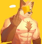 abs annoyed anthro biceps cheese chest_tuft dairy_products eyes_closed food fur gesture hand_gesture humor male middle_finger muscular muscular_anthro muscular_male nipples simple_background solo tuft cilok cheese_slap canid canine canis mammal 2021 hi_res meme