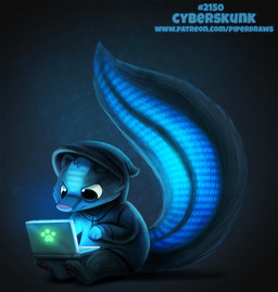anthro big_eyes big_tail binary_code black_body black_eyes black_fur bottomless clothed clothing computer cyberpunk electronics frown fur head_tuft hoodie humor laptop markings pawpads paws pink_nose pun shadow solo striped_markings striped_tail stripes tail tail_markings text topwear tuft visual_pun white_body white_fur piper_thibodeau digital_creature mammal mephitid skunk striped_skunk dark_theme digital_media_(artwork) digital_painting_(artwork) painting_(artwork) url