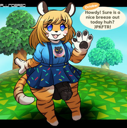 animal_genitalia animal_penis anthro balls big_balls big_breasts big_penis blonde_hair blue_eyes bottomwear breasts clothed clothing equine_genitalia equine_penis eyelashes flaccid genitals gesture gynomorph hair huge_balls huge_penis humanoid_genitalia humanoid_penis intersex mismatched_animal_penis mismatched_genitalia mismatched_penis penis shortstack shortstack_gynomorph shortstack_intersex skirt smile solo striped_body stripes text waving plundered animal_crossing nintendo october_valentine felid feline mammal pantherine tiger 2022 absurd_res digital_drawing_(artwork) digital_media_(artwork) english_text hi_res