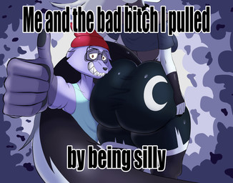 anthro big_breasts big_butt blue_clothing blue_shirt blue_topwear bottomwear breasts brown_eyes butt claws clothed clothing digitigrade duo ears_down eyewear facial_markings female fur gesture glasses gloves gloves_(marking) grey_body grey_fur hair hand_gesture handwear head_markings headgear headwear huge_butt humor hyper hyper_butt legwear looking_at_viewer male markings mask_(marking) multicolored_body multicolored_fur open_mouth pants pawpads paws perspective pivoted_ears purple_body purple_fur rear_view sharp_teeth shirt simple_background smile smiling_at_viewer stockings tail teeth text thick_thighs thumbs_up topwear wearing_glasses white_body white_fur white_hair wide_hips guydude01 hellaverse helluva_boss mythology loona_(helluva_boss) canid canid_demon canine demon hellhound mammal mythological_canine mythological_creature raccoon_dog tanuki digital_media_(artwork) hi_res meme