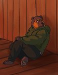 anthro biped black_body black_fur bottomwear clothing feet fur hoodie humanoid_hands male pants sitting solo topwear lentejota6 bear mammal short-faced_bear spectacled_bear 2020 absurd_res hi_res