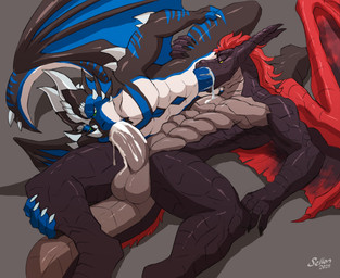 2_horns 69_position abs anthro balls black_body black_scales blue_body blue_penis bodily_fluids calf_grab cum cum_drip cum_in_mouth cum_inside cum_on_chest cum_on_penis dripping duo ear_frill facial_horn facial_spikes fellatio frill_(anatomy) genital_fluids genitals green_eyes grey_background grey_body grey_penis grey_scales hair horn humanoid_genitalia humanoid_penis leg_grab lying male male/male membrane_(anatomy) membranous_wings muscular muscular_anthro muscular_male nose_horn nude on_back oral oral_penetration orgasm pecs penetration penile penile_penetration penis penis_in_mouth red_hair scales sex simple_background simultaneous_orgasms spikes spikes_(anatomy) tail tail_mane text thigh_grab white_body wings yellow_eyes sellon mythology veedra_(veedradragon) xekri dragon mythological_creature mythological_scalie scalie 2025 artist_name dated digital_media_(artwork) hi_res