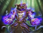 anthro claws detailed_background forest glowing horn low-angle_view magic male nature outside plant solo text tree tusks zoom_lines john_severin_brassell hasbro magic:_the_gathering wizards_of_the_coast catfolk demon felid mammal rakshasa_(magic:_the_gathering) official_art url