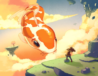 ambiguous_gender bottomwear clothed clothing feral floating_island footwear fully_clothed grass hair larger_ambiguous larger_feral orange_body orange_clouds orange_sky pants plant size_difference sky smaller_ambiguous smaller_human topwear seanofficial aquatic fish human mammal absurd_res hi_res