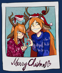 angry antlers awkward brown_body brown_fur christmas_clothing christmas_headwear clenched_teeth clothed clothing duo ears_down female freckled_face freckles fur gesture hair hand_gesture hat headgear headwear heart_symbol hime_cut holidays horn light_body light_skin long_hair looking_at_viewer male middle_finger orange_eyes orange_hair photo pivoted_ears santa_hat smile smiling_at_viewer sweater teeth text topwear enemis christmas felix_agalith freya_agalith animal_humanoid deer deer_humanoid faun humanoid mammal mammal_humanoid alpha_channel hi_res sibling_(lore)