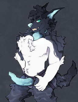 anthro clothing dialogue fur gameplay_mechanics genitals jockstrap male multicolored_body multicolored_fur pointy_ears smile smirk solo speech_bubble teeth underwear unusual_anatomy unusual_genitalia mythology canid canid_demon canine demon hellhound mammal mythological_canine mythological_creature absurd_res hi_res
