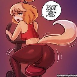 anthro bell big_butt bodily_fluids bottomwear bra breasts butt camel_toe clothing exercise exhausted female fur hair looking_at_viewer looking_back motion_lines pants purple_background side_boob simple_background solo speech_bubble sports_bra stationary_bicycle sweat tan_body tan_fur text tight_clothing underwear workout yoga_pants lumineko animal_crossing nintendo isabelle_(animal_crossing) canid canine canis domestic_dog mammal shih_tzu toy_dog 1:1 english_text url