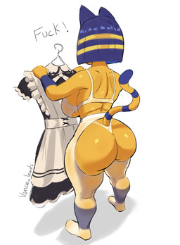 anthro big_butt blue_hair bra butt butt_focus clothing dressed_up dressing_up egyptian female feminine feminine_pose fur hair lingerie lingerie_bra maid_uniform solo thick_thighs thong underwear uniform white_clothing white_lingerie yellow_body yellow_butt yellow_fur vance_lewds animal_crossing egyptian_mythology middle_eastern_mythology mythology nintendo ankha_(animal_crossing) domestic_cat felid feline felis mammal hi_res