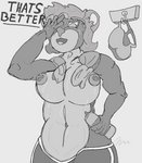 after_exercise anthro athletic athletic_anthro athletic_wear bear beverage big_breasts bodily_fluids bottle breasts clothing container exercise eyewear female fur glasses mammal midriff monochrome muscular nipples outottered22_(artist) sam_(outottered) solo sweat sweaty_breasts text towel towel_around_neck training_bra water_bottle wiping_forehead workout