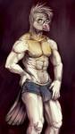 anthro big_muscles briefs bulge cere_(anatomy) clothed clothing d4 d6 d8 dice eyewear glasses male muscular muscular_anthro muscular_male solo topless underwear fralea avian bird columbid domestic_pigeon fancy_pigeon lucerne_gold_collar pigeon