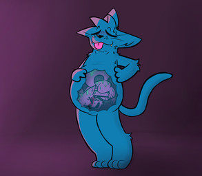 ambiguous_gender anthro blush bodily_fluids duo fur hair male male/male nude oral_vore simple_background smile submissive submissive_male tail tongue vore canguuro canid canine canis domestic_cat domestic_dog felid feline felis mammal hi_res