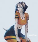 anthro black_hair breasts clothed clothing female fur hair heart_symbol leggings legwear looking_at_viewer smile solo sport white_body white_fur alfavition canid canine canis dalmatian domestic_dog mammal absurd_res hi_res