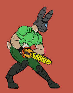 anthro armor boots chainsaw clothing fingerless_gloves footwear gloves handwear headgear helmet long_ears male muscular muscular_anthro muscular_male power_tool shoes solo tools 60percentscalie doom_(series) id_software microsoft doom_slayer doombunny lagomorph leporid mammal rabbit