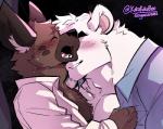 anthro blush clothed clothing duo eyes_closed fur humanoid_hands male male/male muscular muscular_male open_clothing open_shirt open_topwear shirt topwear white_body white_fur kokukokuboo aggretsuko sanrio haida_(aggretsuko) shirota_(aggretsuko) bear hyena mammal polar_bear spotted_hyena ursine 2019