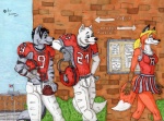 american_football anthro armor ball blonde_hair blue_eyes cheerleader college dipstick_tail ear_piercing eye_black female green_eyes gridiron_ball group hair headgear helmet holding_ball holding_object male male/female markings piercing school sport tail tail_markings text ace_stryker canid canine canis fox mammal wolf 2011 english_text hi_res