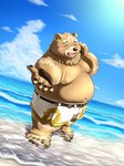 5_toes anthro barefoot beach belly black_claws blush bottomwear brown_body brown_fur claws clothing feet fur male moobs mostly_nude navel nipples overweight partially_submerged plantigrade reaching_towards_viewer seaside shirtless shorts solo toe_claws toes mega0923xxx crave_saga gabu_(crave_saga) bear mammal hi_res