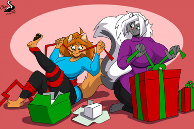anthro big_breasts breasts clothing duo eyebrows female gift holidays kneeling raised_eyebrow raised_leg sweater topwear turtleneck tying chrisandcompany christmas daryl_vecat kelsey_sienna domestic_cat felid feline felis mammal mephitid skunk hi_res