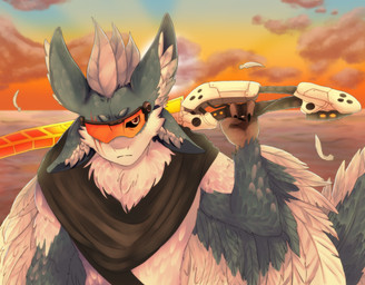 4_ears anthro biped blue_body blue_feathers claws clothed clothing feathered_wings feathers holding_melee_weapon holding_object holding_sword holding_weapon male melee_weapon mohawk multi_ear simple_background solo sunset sword tail tail_feathers weapon white_body white_feathers winged_arms wings anonymous_artist rogue_emberwing avali avian digital_media_(artwork) hi_res