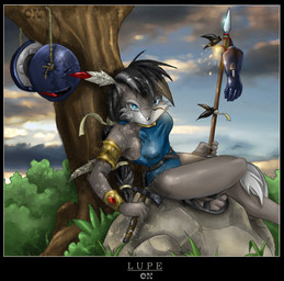 anthro award axe clothing detailed_background female fur leotard machine melee_weapon polearm scar solo sparks spear torn_clothing tribal trophy weapon lockon archie_comics sega sonic_the_hedgehog_(archie) sonic_the_hedgehog_(comics) sonic_the_hedgehog_(series) lupe_the_wolf canid canine canis mammal robot wolf