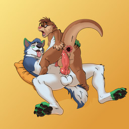 after_anal after_sex animal_genitalia animal_penis anthro anus athletic balls bodily_fluids brown_body brown_fur butt canine_genitalia canine_penis duo erection eyewear eyewear_only feet fingers fur gaping gaping_anus genitals glasses glasses_only hair half-closed_eyes hand_on_butt knot looking_at_viewer looking_pleasured lying male male/male narrowed_eyes nude on_back open_mouth penis pillow simple_background smile spread_butt spreading sweat sweatdrop tail toes tongue tongue_out wearing_glasses greko_the_cat canid canine canis domestic_dog husky mammal mustelid nordic_sled_dog otter spitz digital_media_(artwork) hi_res