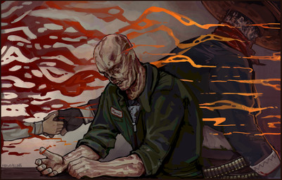 abstract_background bald clothed clothing facial_hair fully_clothed jumpsuit male missing_nose mustache name_tag necrosis new_vegas smoke solo howgalling fallout microsoft raul_tejada ghoul_(fallout) humanoid english_description