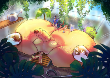 3_toes 5_fingers anthro balls beach_chair big_balls big_breasts big_penis bodily_fluids breast_milking breast_squish breasts breasts_on_ground elbow_on_breast feet fingers food foreskin fruit fur genitals glass glass_wall green_hair greenhouse gynomorph hair half-erect hand_behind_head huge_balls huge_breasts huge_penis hyper hyper_balls hyper_breasts hyper_genitalia hyper_penis ice ice_cube intersex jug lactating lemon long_ears long_hair looking_at_magazine looking_at_object lying_on_chair machine magazine milking_machine nude nude_anthro nude_intersex object_on_breast penis photosynthesis plant shelf smile solo squish sunbathing toes vivarium watering_can yellow_body yellow_eyes yellow_fur arinadler nintendo pokemon leafy_darwin_(pelleelle) avian bird eeveelution generation_4_pokemon leafeon pokemon_(species) hi_res story_at_source