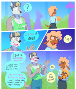 anthro approach black_bottomwear black_clothing black_skirt black_text blue_background blue_bottomwear blue_clothing blue_eyes blue_pants blue_speech_bubble blue_sweatpants blue_topwear blush bottomwear bracelet brown_body brown_fur building clothed clothing crossdressing crossdressing_male crowd curly_hair dark_skirt dialogue duo eyes_closed fangs fur gesture gradient_background green_clothing green_shirt green_tank_top green_topwear greeting grey_body grey_fur grey_hair group hair hand_gesture heart_symbol holding_object holding_plushie jewelry laugh male male/male motion_lines mouth_closed muscle_tone muscular muscular_anthro muscular_male pants pecs pink_text plant plushie pointing pointing_at_self public purple_background question_mark red_bracelet red_line_art scared scared_expression scared_face shirt shrub silhouette simple_background skirt smile speech_bubble startled tail tan_hair tan_highlights tank_top teeth text text_on_clothing text_on_shirt text_on_tank_top text_on_topwear topwear waving white_heart wide_eyed yellow_speech_bubble heresvix dani_(heresvix) henri_(heresvix) bovid canid canine canis caprine mammal sheep wolf 2025 colored_line_art comic english_text guide_lines hi_res promotional_material