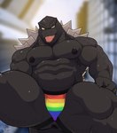 abs amber_eyes anthro anus biceps black_body black_nipples black_scales bodily_fluids bottomwear butt claws clothed clothing fangs finger_claws jockstrap lgbt_pride looking_at_viewer male multicolored_clothing multicolored_underwear muscular muscular_anthro muscular_male nipples non-mammal_nipples open_mouth pecs pride_color_bottomwear pride_color_clothing pride_colors quads rainbow_clothing rainbow_pride_clothing rainbow_pride_colors rainbow_symbol rainbow_underwear scales sharp_teeth six-stripe_rainbow_pride_colors skimpy solo spikes spikes_(anatomy) spread_legs spreading teeth thick_thighs tongue tongue_out triceps underwear wolfybuns godzilla_(series) toho godzilla kaiju 2021 absurd_res digital_media_(artwork) hi_res