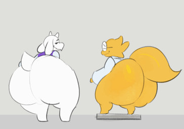 anthro big_butt bottom_heavy bottomless bottomless_anthro bottomless_female butt butt_bump clothed clothing duo eyewear female floppy_ears fur genitals glasses horn huge_butt huge_hips huge_thighs looking_at_viewer looking_back looking_back_at_viewer mature_anthro mature_female orange_body orange_scales overweight overweight_anthro overweight_female rear_view scales short_tail smile tail tail_motion teeth thick_thighs vulva wearing_glasses white_body white_fur wide_hips iamapoliceman undertale_(series) alphys toriel boss_monster_(undertale) bovid caprine goat lizard mammal reptile scalie 2d_animation animated frame_by_frame