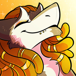 ambiguous_gender anthro cheek_tuft dreadlocks eyes_closed facial_piercing facial_tuft fur gradient_background hair orange_hair piercing simple_background smile solo sparkles tan_body tan_fur tuft white_body white_fur stupidshepherd clawdore_(character) sergal 1:1 icon warm_colors