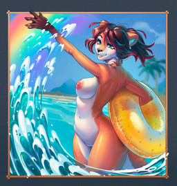 anthro beach breasts brown_hair exposed_breasts female fur fur_markings genitals green_eyes hair highlights_(coloring) inflatable inner_tube island markings membrane_(anatomy) nipples nude nude_anthro palm_tree plant pose rainbow sea solo splash striped_body striped_fur stripes summer tail tree tropical vaginal vulva water webbed_hands yoshi2332 thalassophilia_(zombiecowherd) riley_delmare mammal mustelid otter absurd_res hi_res pinup