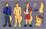 anthro balls biped brown_hair clothing erection eyewear flaccid footwear fur genitals glasses hair jewelry male necklace nude off/on penis shoes sneakers solo text yellow_body yellow_fur baphometbimbo chero_pawfree canid canine mammal tag_(disambiguation) cel_shading english_text hi_res model_sheet shaded