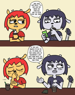 anthro black_eyes black_hair bruh clothed clothing container cup dessert dialogue duo electric_guitar electronics ellipsis female food grey_body guitar hair hand_on_mouth humor ice_cream looking_at_another musical_instrument orange_hair phone plucked_string_instrument profanity string_instrument tan_body text unknown_artist parappa_the_rapper sony_corporation sony_interactive_entertainment um_jammer_lammy lammy_lamb rammy_lamb bovid caprine mammal sheep english_text