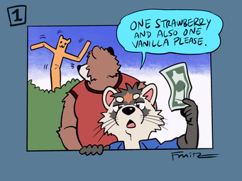 anthro black_markings black_nose blue_clothing blue_shirt blue_speech_bubble blue_topwear brown_body brown_fur clothing duo emoticon forehead_mark fur gradient_background humor looking_at_viewer male male/male markings money motion_lines numbered_tag plant red_clothing red_shirt red_topwear round_body shirt shrub simple_background simple_coloring size_difference sky text topwear tube_man whiskers white_body white_fur fruitz bear domestic_ferret mammal mustelid musteline true_musteline weasel 4:3 digital_media_(artwork)