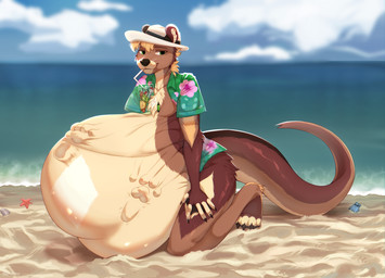 abdominal_bulge anthro anthro_pred beach belly belly_on_ground big_belly black_claws black_nose blonde_hair brown_body brown_fur brown_markings chest_tuft claws clothed clothing day drinking drinking_straw fully_inside fur green_clothing green_eyes green_shirt green_topwear hair hand_on_leg hand_on_own_leg hand_on_own_thigh hand_on_thigh hat headgear headwear huge_belly hyper hyper_belly jewelry looking_away male male_anthro male_pred markings necklace on_ground open_clothing open_shirt open_topwear round_ears shirt short_hair solo tail tan_body tan_fur topwear tuft unseen_prey vore whiskers white_clothing white_hat white_headwear kysokofwater mammal mustelid otter 2023 colored digital_drawing_(artwork) digital_media_(artwork) hi_res shaded
