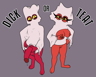 balls big_balls big_breasts big_penis bodily_fluids bottomless bottomless_female bottomless_humanoid bottomless_male breasts clothed clothing dripping duo embarrassed erection female genital_fluids genitals ghost_costume glans holidays huge_penis humanoid_genitalia humanoid_penis ineffective_clothing long_penis looking_at_viewer male male/female no_underwear pantsless penis precum precum_drip presenting presenting_balls presenting_breasts presenting_penis presenting_vulva red_body red_penis red_penis_tip shy text trick-or-treating vulva kodigozoot halloween hellaverse helluva_boss millie_(helluva_boss) moxxie_(helluva_boss) ghost humanoid imp spirit 5:4 absurd_res english_text hi_res