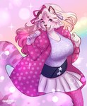 anthro blonde_hair blue_eyes cheek_tuft clothed clothing dress eyelashes facial_tuft female front_view fur gradient_hair hair inner_ear_fluff legwear multicolored_hair open_clothing open_mouth open_smile open_topwear overweight overweight_anthro overweight_female pink_body pink_clothing pink_fur pink_hair pink_legwear pink_topwear purple_clothing purple_dress smile solo standing topwear tuft two_tone_hair white_body white_fur white_inner_ear_fluff tiggybloom marzipan_(spottedtigress) felid mammal pantherine tiger 2020 artist_name dated hi_res portrait three-quarter_portrait