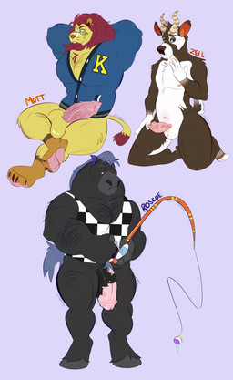 animal_genitalia animal_penis anthro arm_hair balls body_hair bottomless chest_hair clothed clothing equine_genitalia equine_penis feline_genitalia feline_penis fishing_rod genitals group hairy horn jacket jacket_only male male/male muscular nipples nude partially_clothed paws penis shirt shirt_only simple_background slim tail topwear topwear_only trio asthmacat animal_crossing nintendo mott_(animal_crossing) roscoe_(animal_crossing) zell_(animal_crossing) antelope bovid deer equid equine felid gazelle horse lion mammal pantherine hi_res