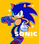 anthro biped blue_body blue_fur clothing footwear fur gesture gloves green_eyes hand_gesture hand_on_hip handwear male red_clothing red_footwear red_shoes shoes simple_background smile solo sparkles standing text thumbs_down white_clothing white_gloves white_handwear yellow_background marcus_larry sega sonic_the_hedgehog_(series) sonic_the_hedgehog eulipotyphlan hedgehog mammal 2020 digital_media_(artwork) english_text