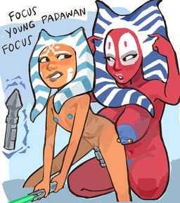 breasts duo female female/female jedi lekku_(anatomy) lightsaber melee_weapon nipple_piercing nipples not_furry nude piercing vaginal_object_insertion weapon poivre_moulu star_wars star_wars:_the_clone_wars ahsoka_tano shaak_ti alien humanoid togruta hi_res
