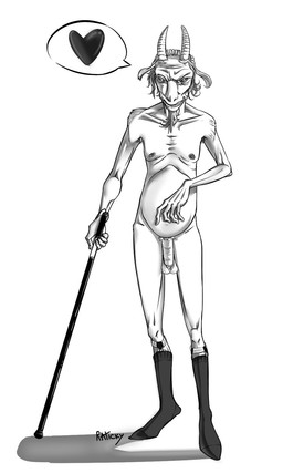 anthro belly blind clothing disability facial_hair flaccid footwear genitals goatee heart_symbol horizontal_pupils horn male mature_male nipples nude penis pupils socks solo r4t1cky eugene_(r4t1cky) bovid caprine goat mammal hi_res monochrome