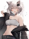 accessory bandeau blush breasts clothed clothing fangs female female_humanoid fluffy_ears fur grey_body grey_eyes grey_fur grey_hair hair hair_accessory hairclip jacket looking_at_viewer navel open_mouth pupils simple_background slit_pupils solo teeth tongue topwear undressing white_background tabhead arknights hypergryph studio_montagne lappland_(arknights) animal_humanoid canid canid_humanoid canine canine_humanoid humanoid mammal mammal_humanoid wolf_humanoid 2021 absurd_res digital_media_(artwork) half-length_portrait hi_res portrait translated_description